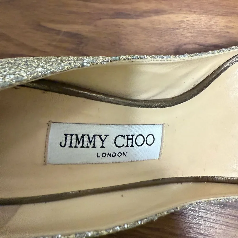 Jimmy Choo Isabel Metallic Gold/Champagne Glitter Peep Toe Pump. Size 38. - Picture 7 of 8